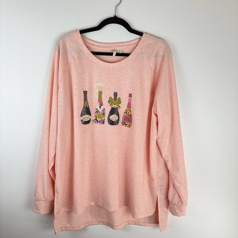 Cato Womens X Large Blouse T Shirt Champagne Bottles Sequins Long Sleeve Pink